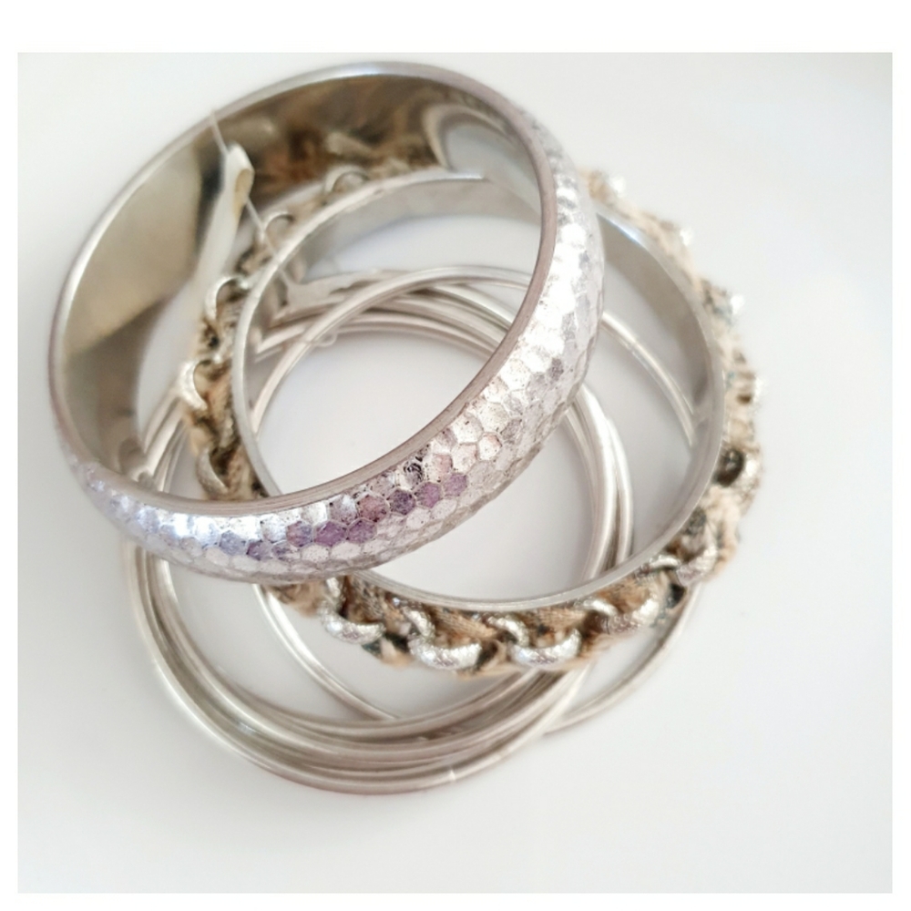 Silver Bangles Set | Boho Mixed Texture Set - Picture 6 of 7